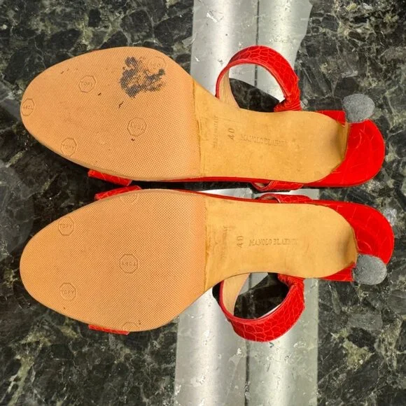 Manolo Blahnik Red Leather Croc Embossed Double Strap Sandals 40 8.5 9 Luxury - Picture 9 of 11